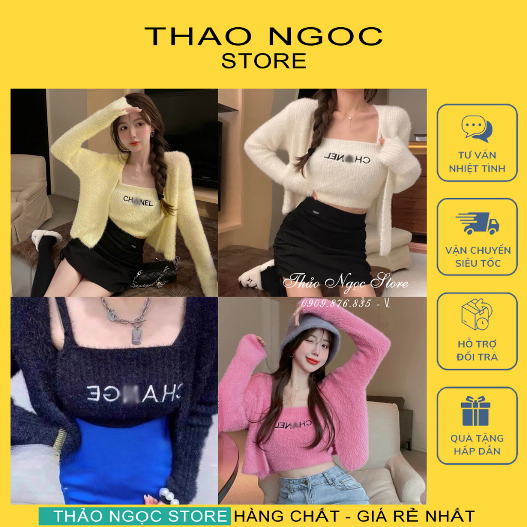 Set áo len lông thỏ 2 dây croptop thêu chữ phối áo khoác ngoài, set áo len lông cổ yếm hàng QC! THẢO NGỌC STORE
