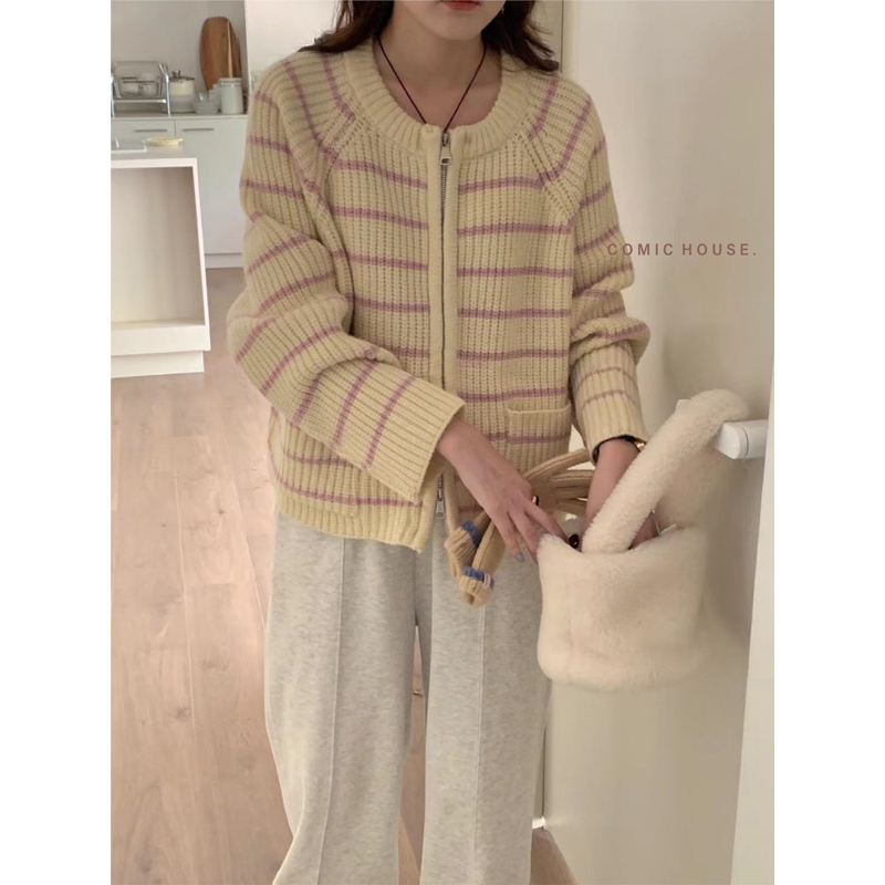 Áo cadigan len kẻ ngang zipper comic 1689