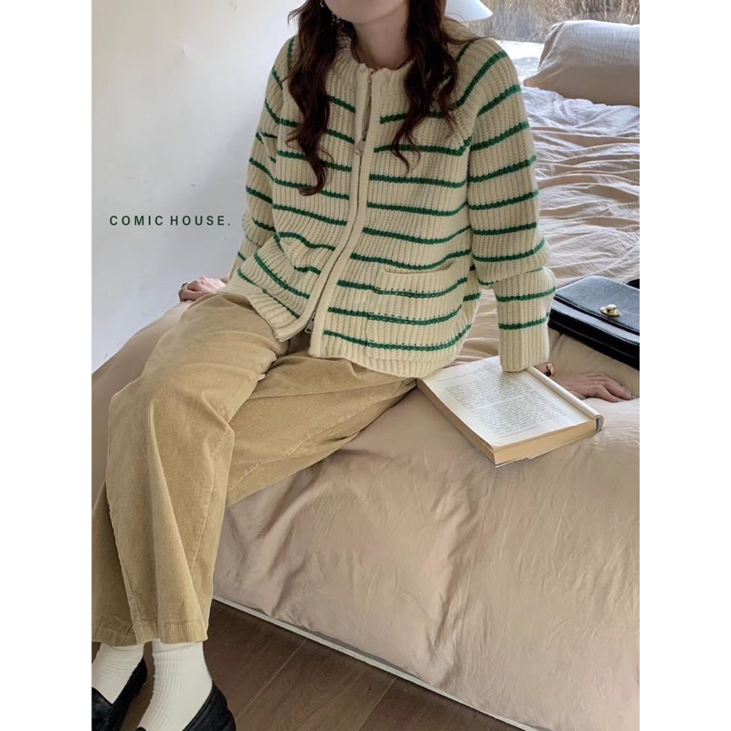 Áo cadigan len kẻ ngang zipper comic 1689