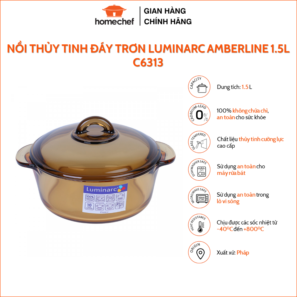 Nồi thủy tinh Luminarc Amberline 1,5L (đáy trơn) dùng bếp ga, hồng ngoại, sản xuất tại Pháp - C6313