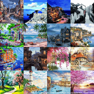 Tranh tô màu theo số - tranh acrylic số hoá căng sẵn khung size 40x50- tranh anime phong cảnh