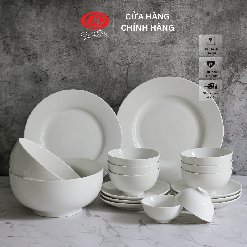 Bộ bát đĩa 18 món sứ Minh Châu trắng trơn - BO18