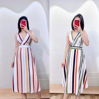 Váy sọc cổ V đắp chéo, hở lưng