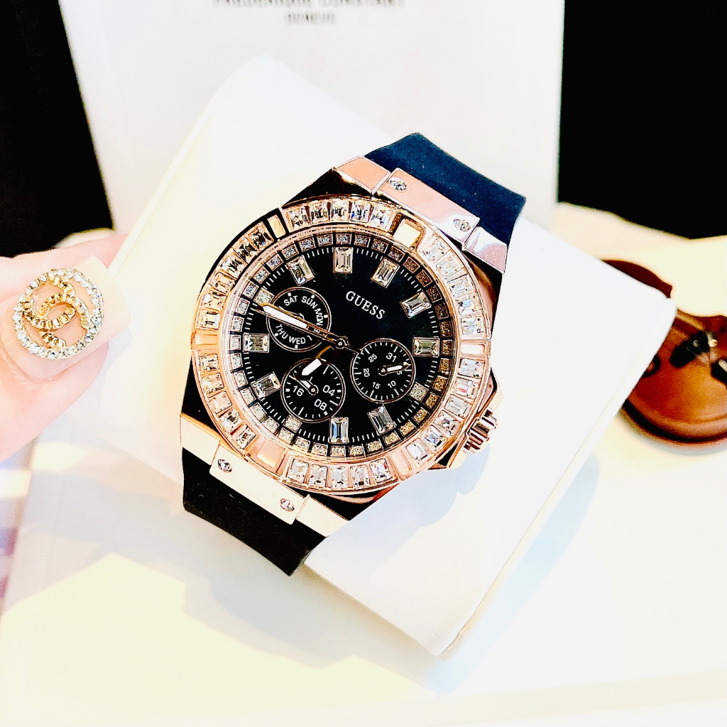 Đồng Hồ Nữ Guess GW0118L2 Silicon Màu Đen Vỏ Rose 39mm - Mặt Khảm Trai