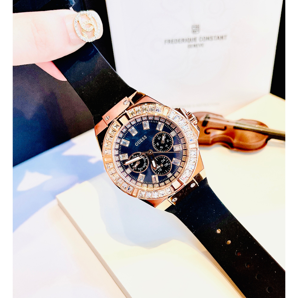 Đồng Hồ Nữ Guess GW0118L2 Silicon Màu Đen Vỏ Rose 39mm - Mặt Khảm Trai