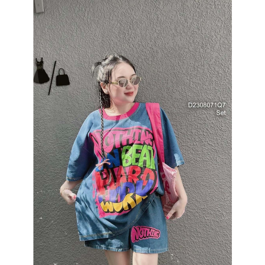 Set bộ jean áo in chữ tay phối dây kéo kèm quần short