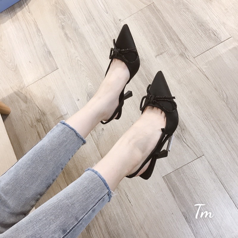 Sandal cao gót nữ chất lụa nơ đá khoét eo gót 8cm
