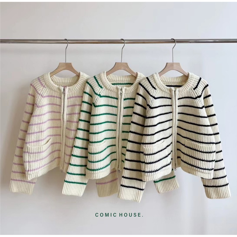 Áo cadigan len kẻ ngang zipper comic 1689