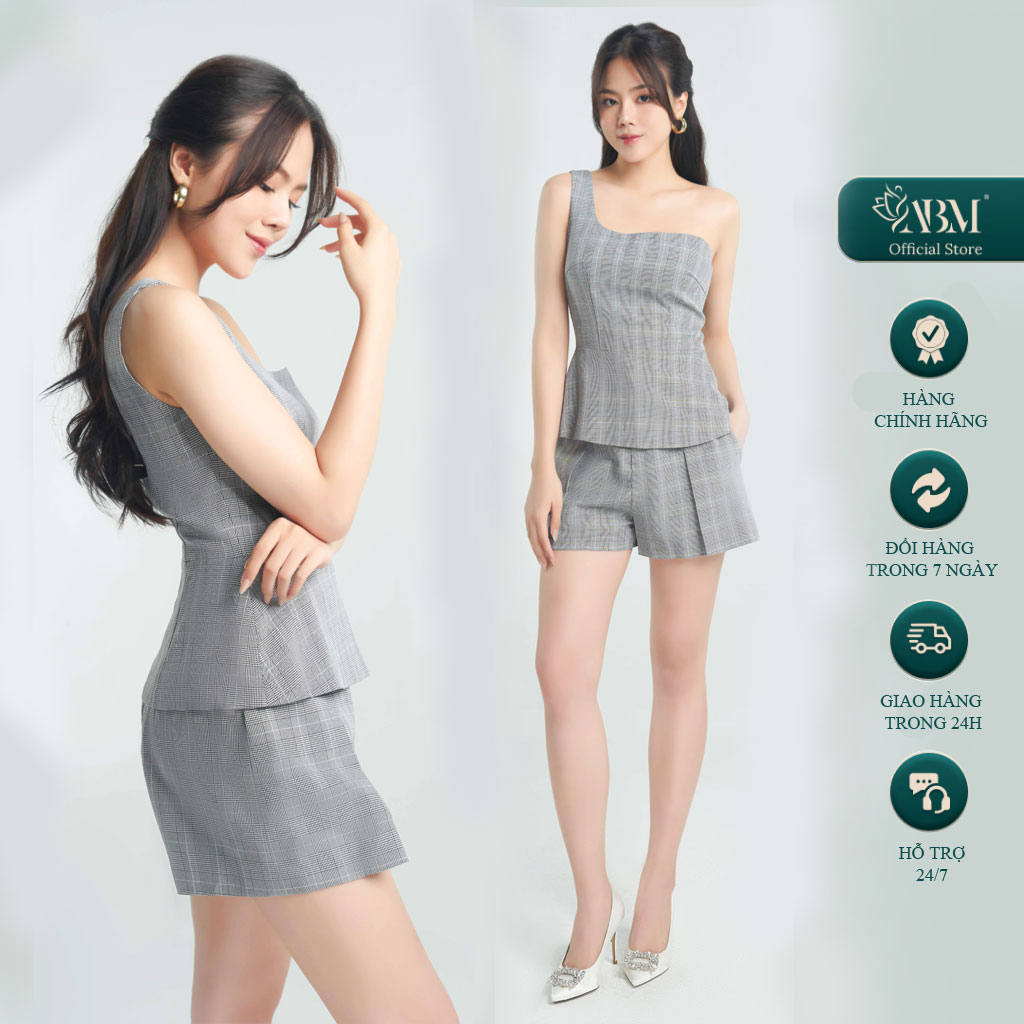 Set Đồ Thiết Kế Nữ Loona ABM FASHION Áo Cúp Lệch Vai Kèm Quần Sooc Vải Tuýt Si Kẻ Ghi Đi Chơi, Đi Dạo Phố - T22AS0092