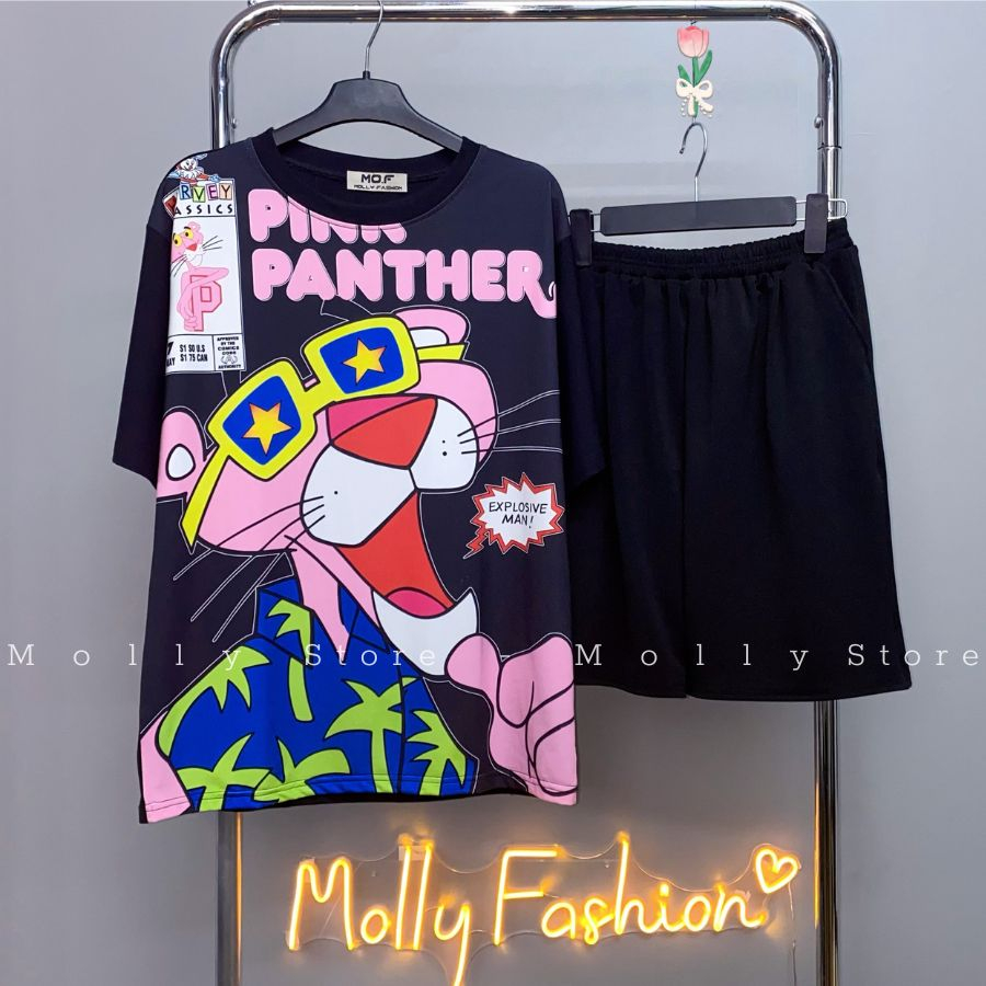 Set đồ bộ hoạt hình ❤️ Bộ mặc nhà Cartoon BÁO HỒNG form rộng Unisex nam nữ Molly Store