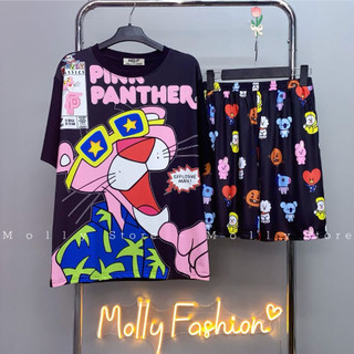 Set đồ bộ hoạt hình ❤️ Bộ mặc nhà Cartoon BÁO HỒNG form rộng Unisex nam nữ Molly Store
