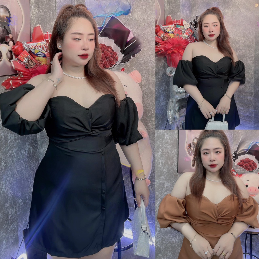 Đầm trễ vai cúp ngực mini tay phồng bigsize Kim Ngân từ 50kg đến 100kg (M/L/XL/XXL)(Đầm dự tiệc)(Đầm mini)