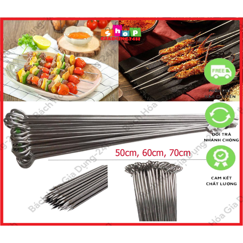 Que xiên thịt nướng, gà nướng, hải sản nướng bằng inox không rỉ 50cm, 60cm,70cm