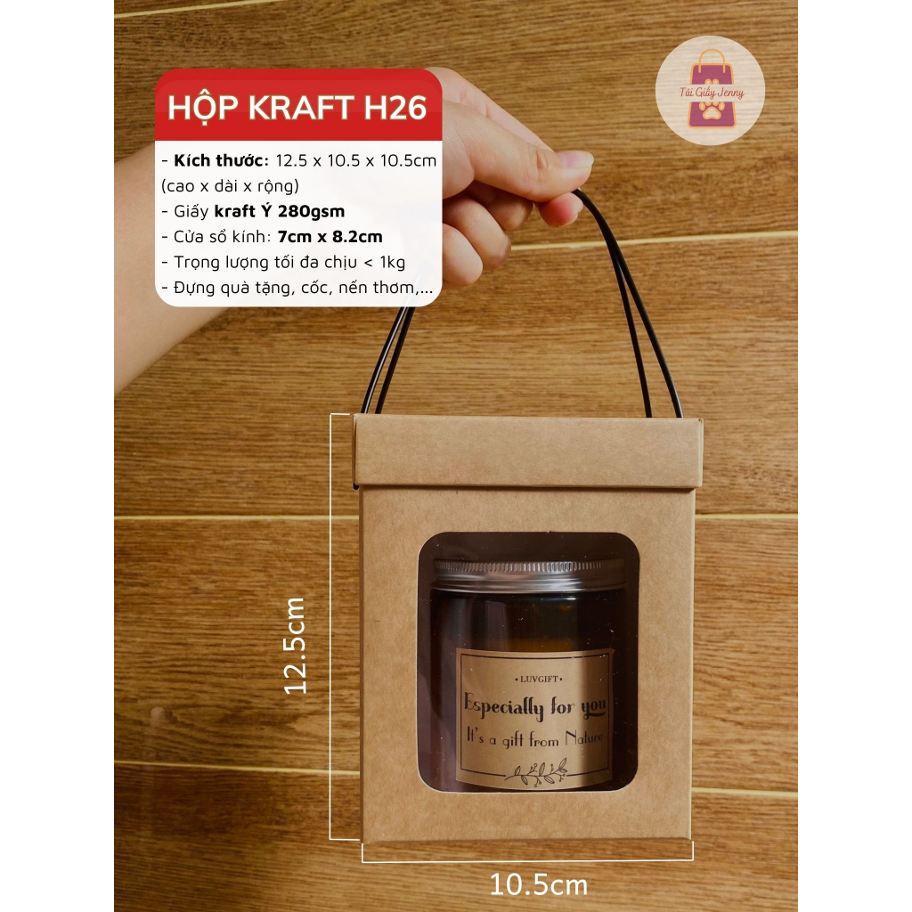 JG - Combo 10 Hộp Giấy Kraft Có Nắp Rời Cửa Sổ Mica Đáy Vuông 10.5cm Đựng Quà Tặng Nến Thơm, Mật Ong, Ly Tách, Chậu Cây
