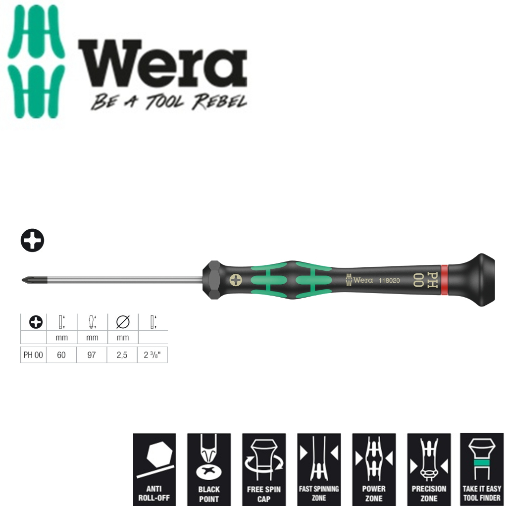 Tua vít điện tử 4 cạnh PH 00 Wera 05118020001 2050 PH 00 x 60 mm ứng dụng trong điện tử và cơ khí chính xác