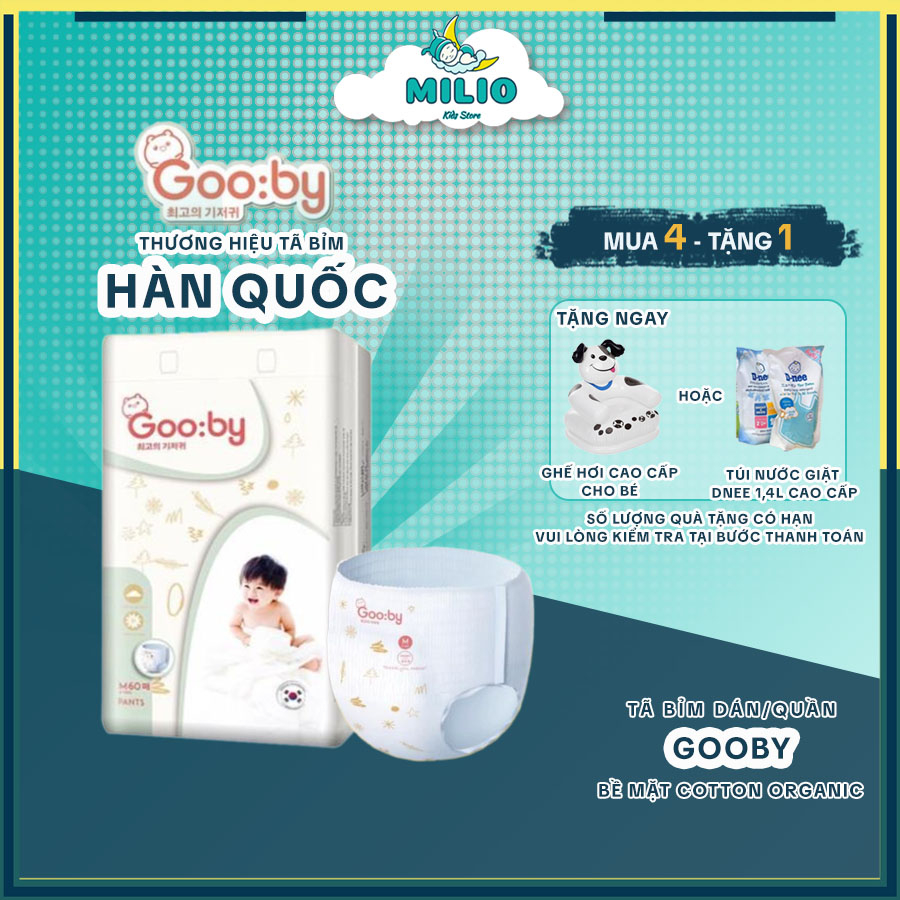 Combo 4 Tã bỉm dán/quần MILIO Gooby ngày siêu thấm hút size NB70, S56, M46, M60, L56, XL52, 2XL48, 3XL38