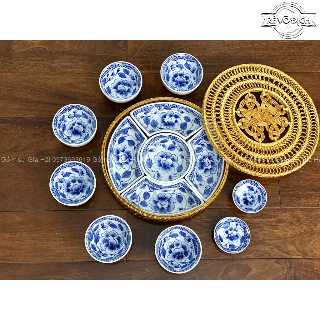 Khay sứ mây tre đan kèm bát cơm nhỏ Bát Tràng - Khay đựng mứt ,bánh kẹo tết - Hàng sứ Bát Tràng