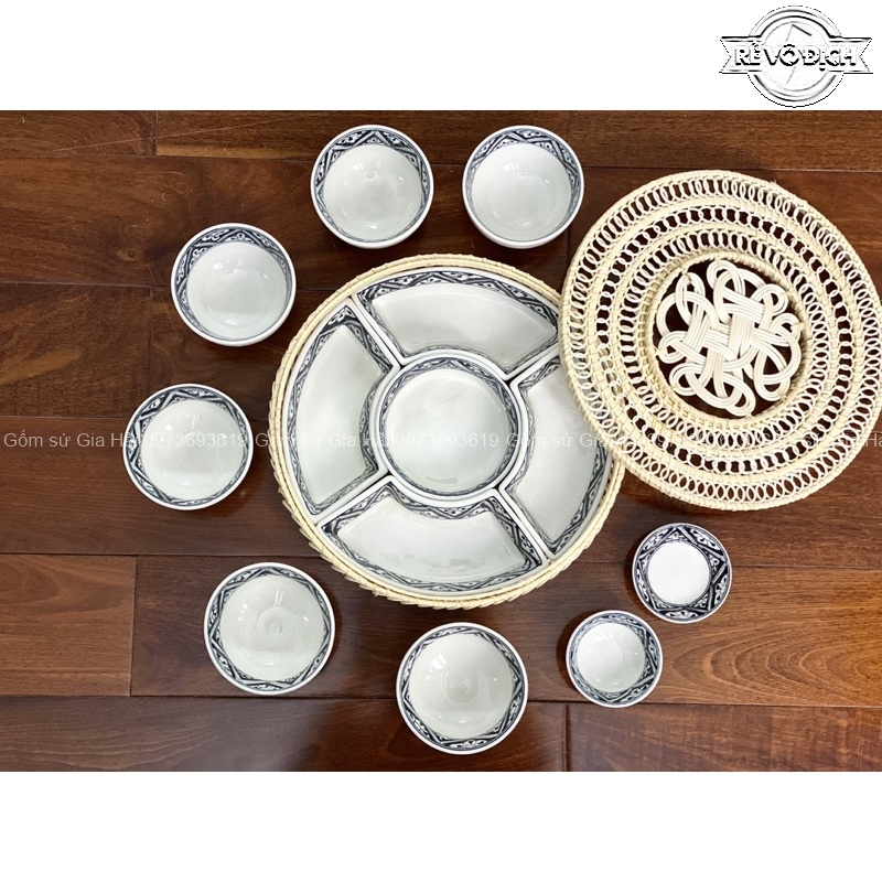 Khay sứ mây tre đan kèm bát cơm nhỏ Bát Tràng - Khay đựng mứt ,bánh kẹo tết - Hàng sứ Bát Tràng