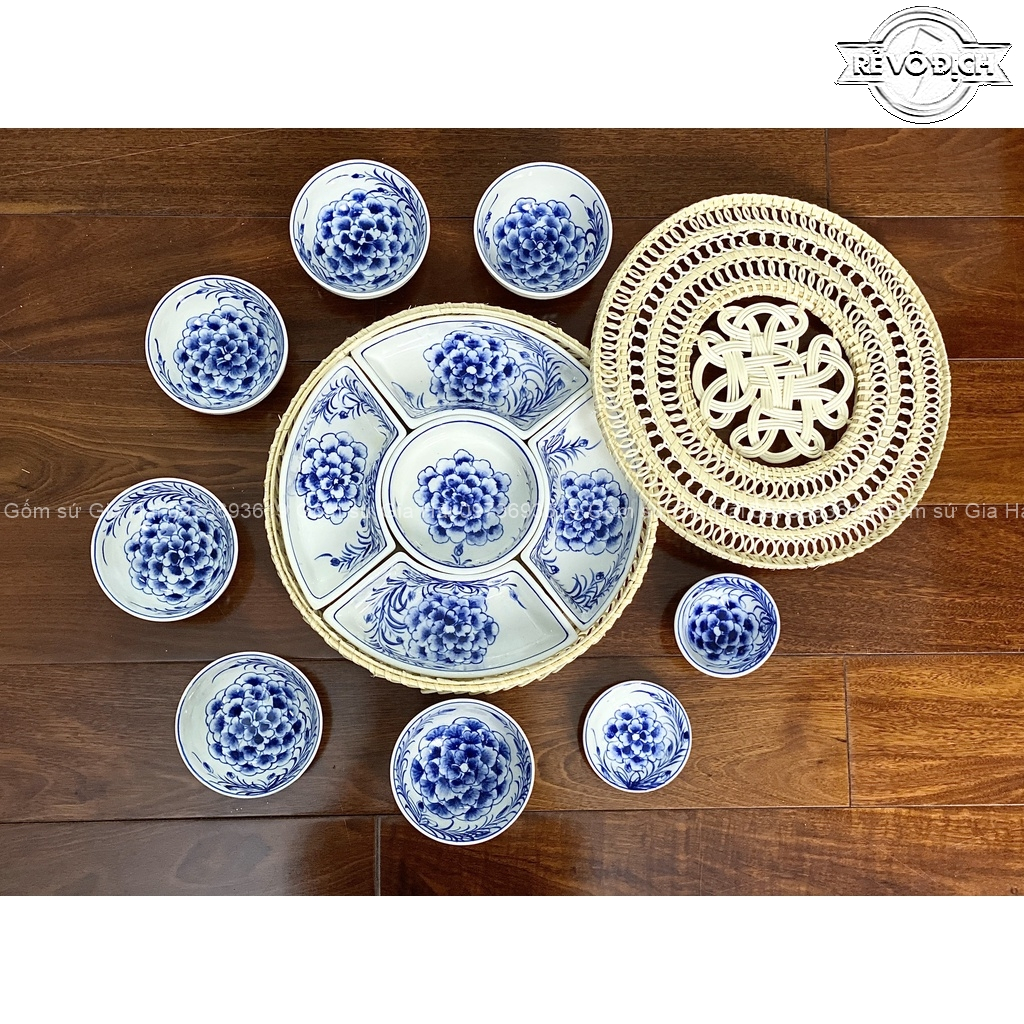 Khay sứ mây tre đan kèm bát cơm nhỏ Bát Tràng - Khay đựng mứt ,bánh kẹo tết - Hàng sứ Bát Tràng