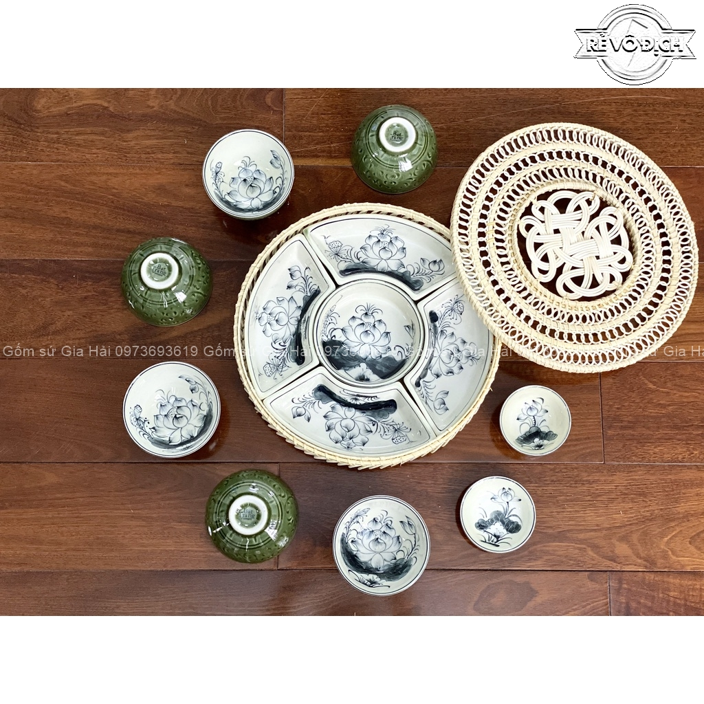 Khay sứ mây tre đan kèm bát cơm nhỏ Bát Tràng - Khay đựng mứt ,bánh kẹo tết - Hàng sứ Bát Tràng