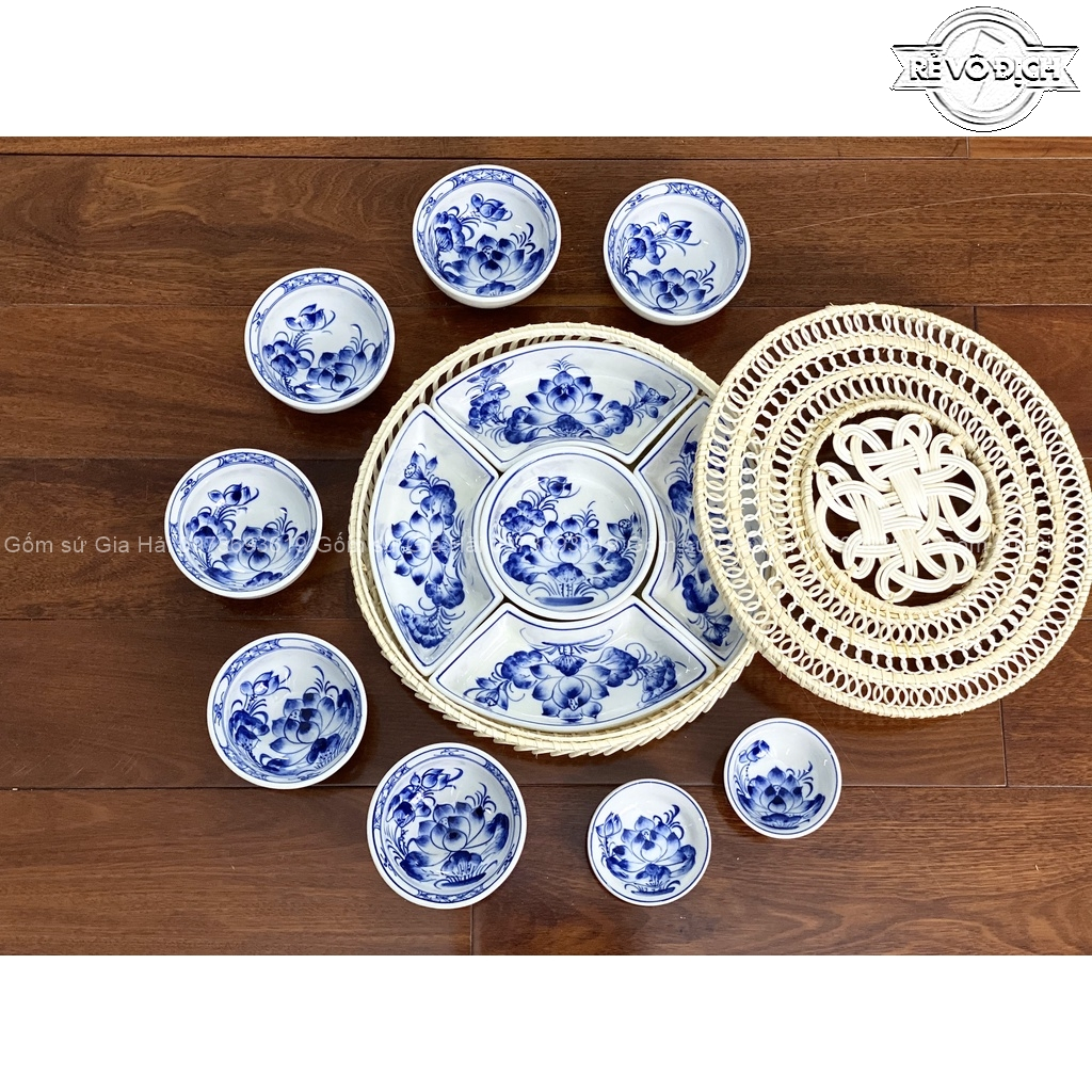 Khay sứ mây tre đan kèm bát cơm nhỏ Bát Tràng - Khay đựng mứt ,bánh kẹo tết - Hàng sứ Bát Tràng