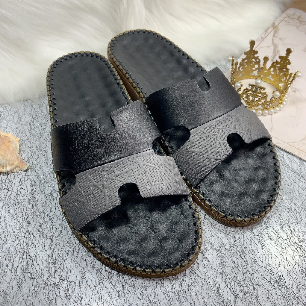 Dép nam quai ngang chữ h da bò thật đế cao su đúc D31