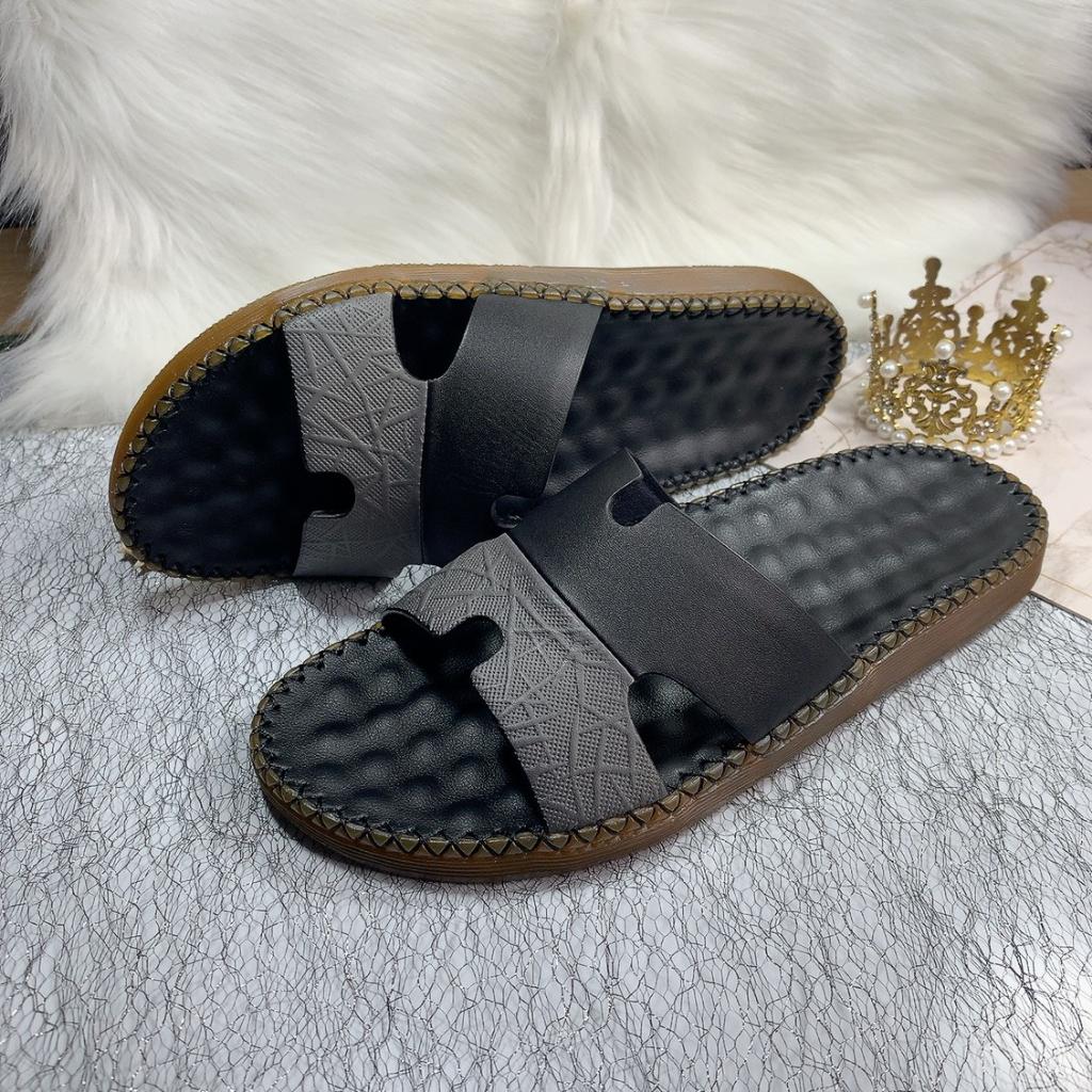 Dép nam quai ngang chữ h da bò thật đế cao su đúc D31