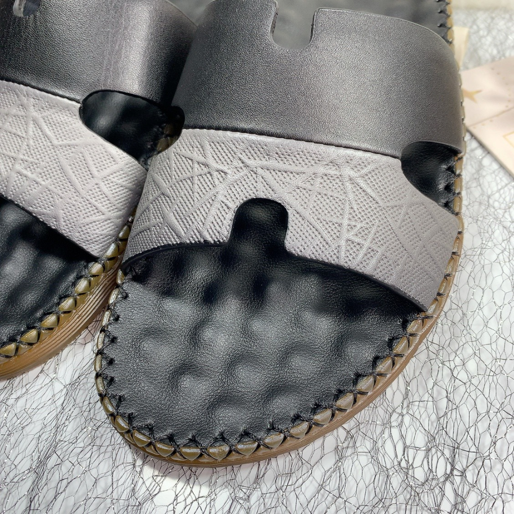 Dép nam quai ngang chữ h da bò thật đế cao su đúc D31