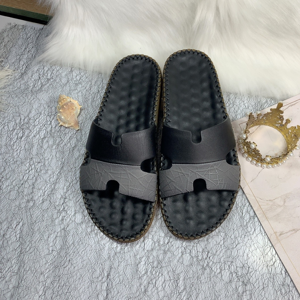 Dép nam quai ngang chữ h da bò thật đế cao su đúc D31