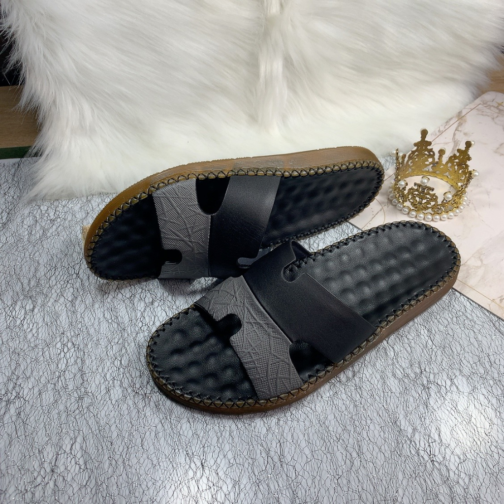 Dép nam quai ngang chữ h da bò thật đế cao su đúc D31