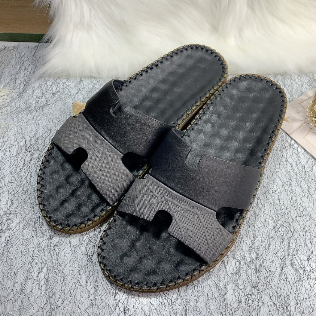 Dép nam quai ngang chữ h da bò thật đế cao su đúc D31