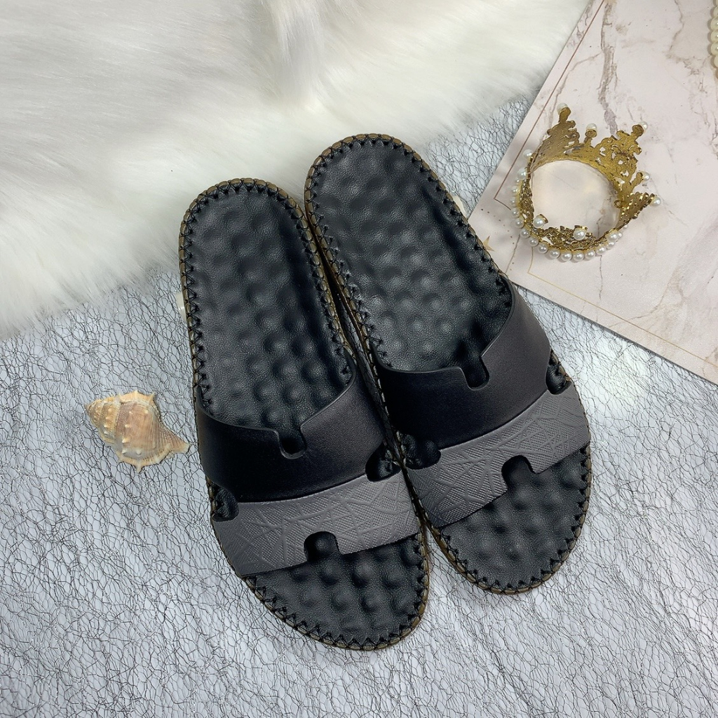 Dép nam quai ngang chữ h da bò thật đế cao su đúc D31