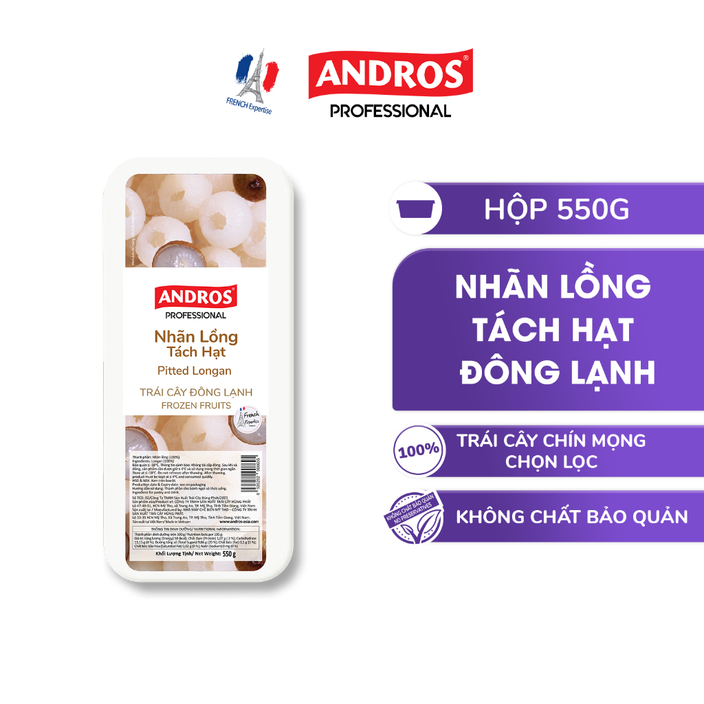 Nhãn Lồng Tách Hạt Đông Lạnh - Không chất bảo quản - Trái cây đông lạnh ANDROS IQF - 550g - [Chỉ giao HCM]