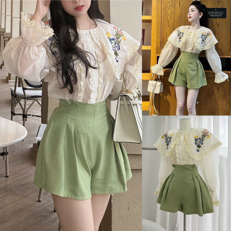 SET ÁO HOA CỔ PETER TAY PHỒNG + SHORT