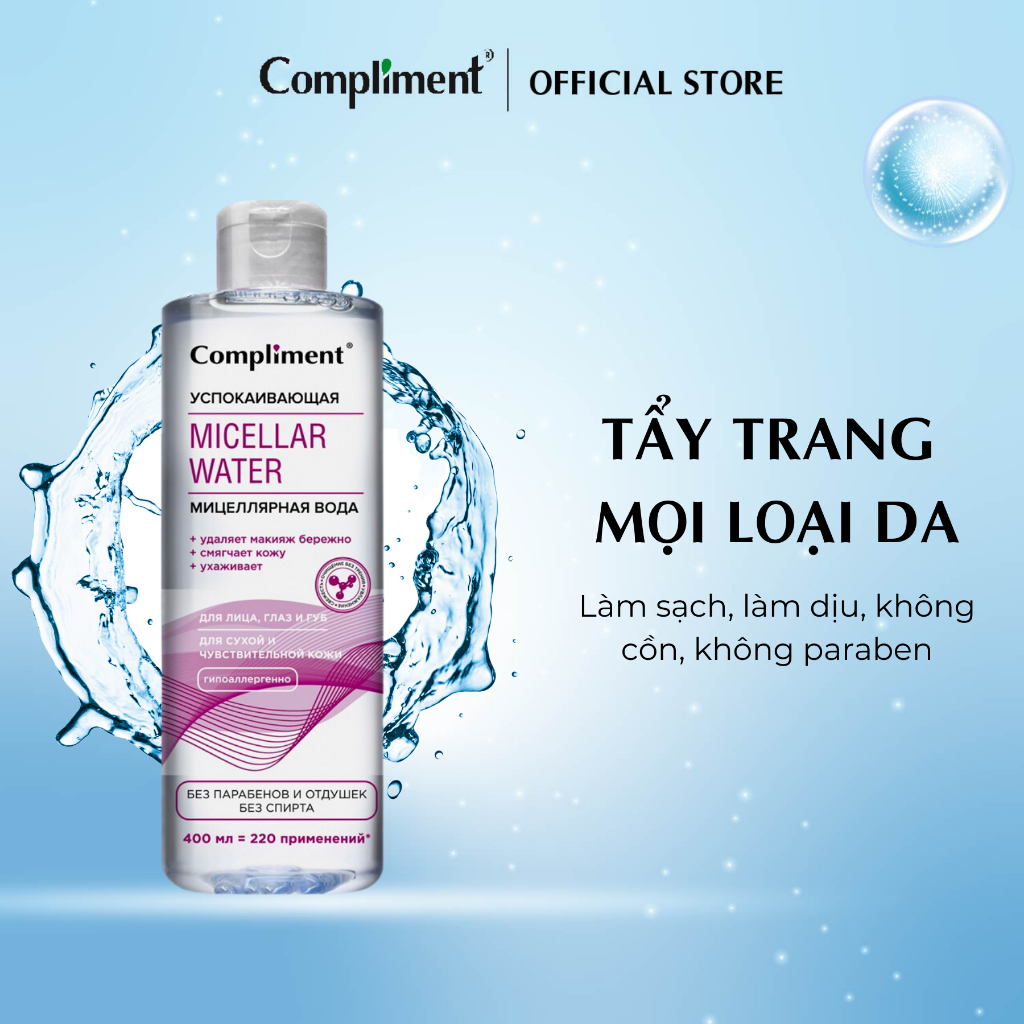 Nước Tẩy Trang Compliment Soothing micellar water không cồn, không Paraben, không hương liệu dành cho mọi loại da 400ml