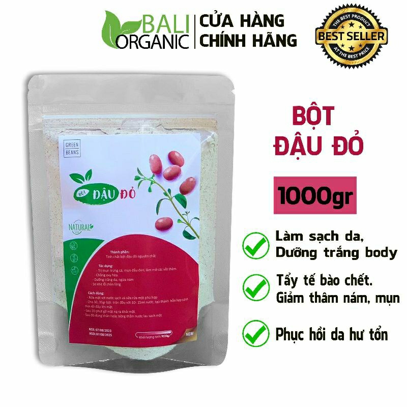 Bột đậu đỏ nguyên chất xay mịn ủ trắng Baliorganic 1kg thượng hạng đắp mặt, dưỡng da | BigBuy360 - bigbuy360.vn