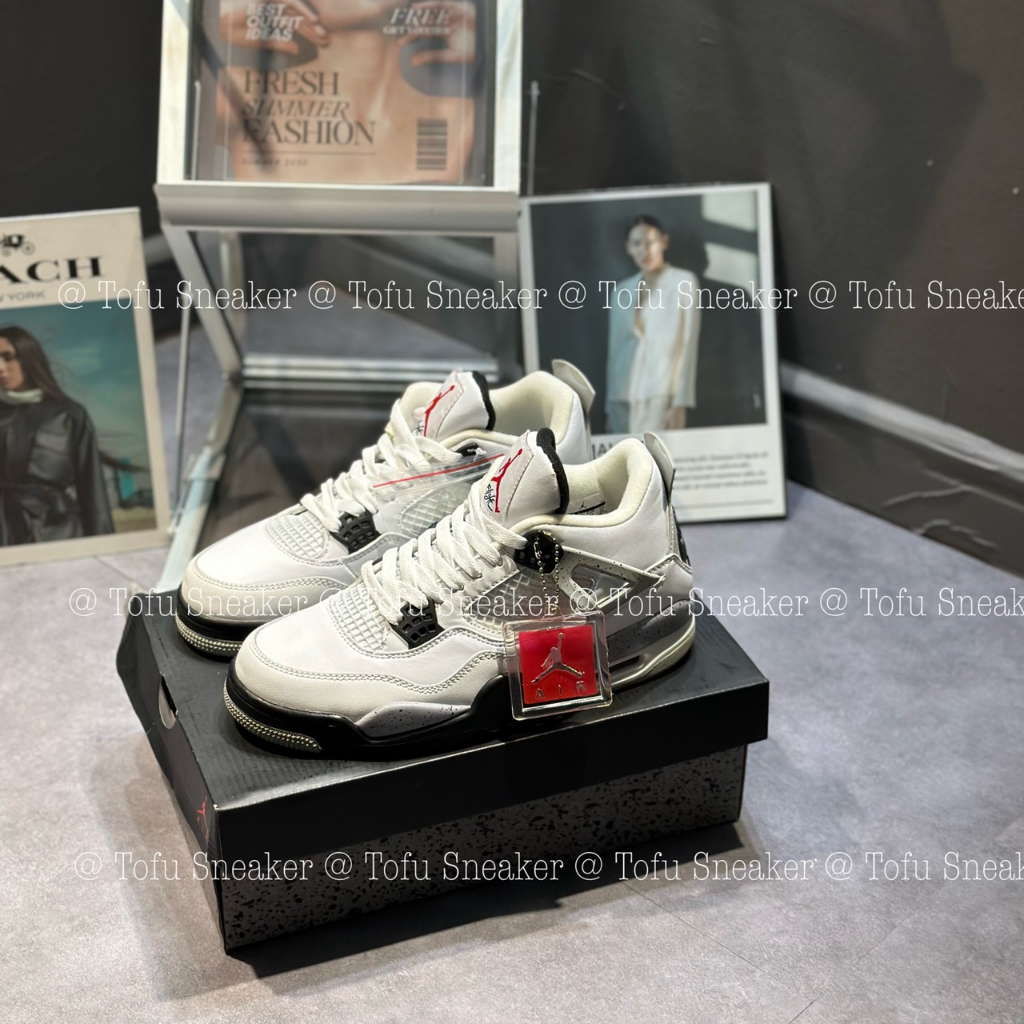 Giày thể thao JD4 Retro White Cement trắng đen, JD4 trắng lưỡi đen.