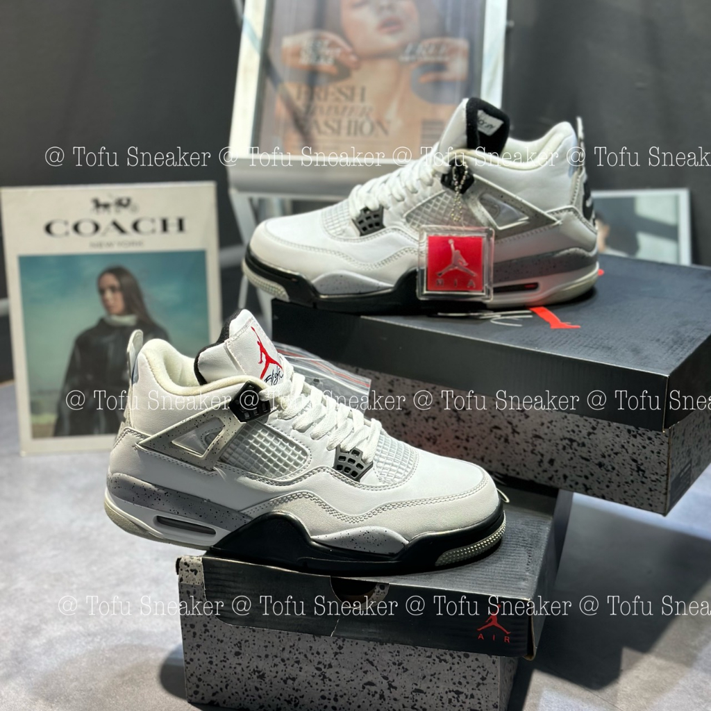 Giày thể thao JD4 Retro White Cement trắng đen, JD4 trắng lưỡi đen.