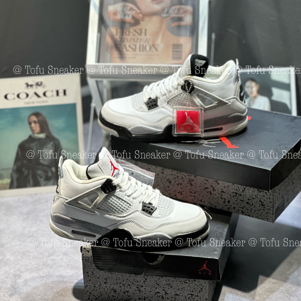 Giày thể thao JD4 Retro White Cement trắng đen, JD4 trắng lưỡi đen.