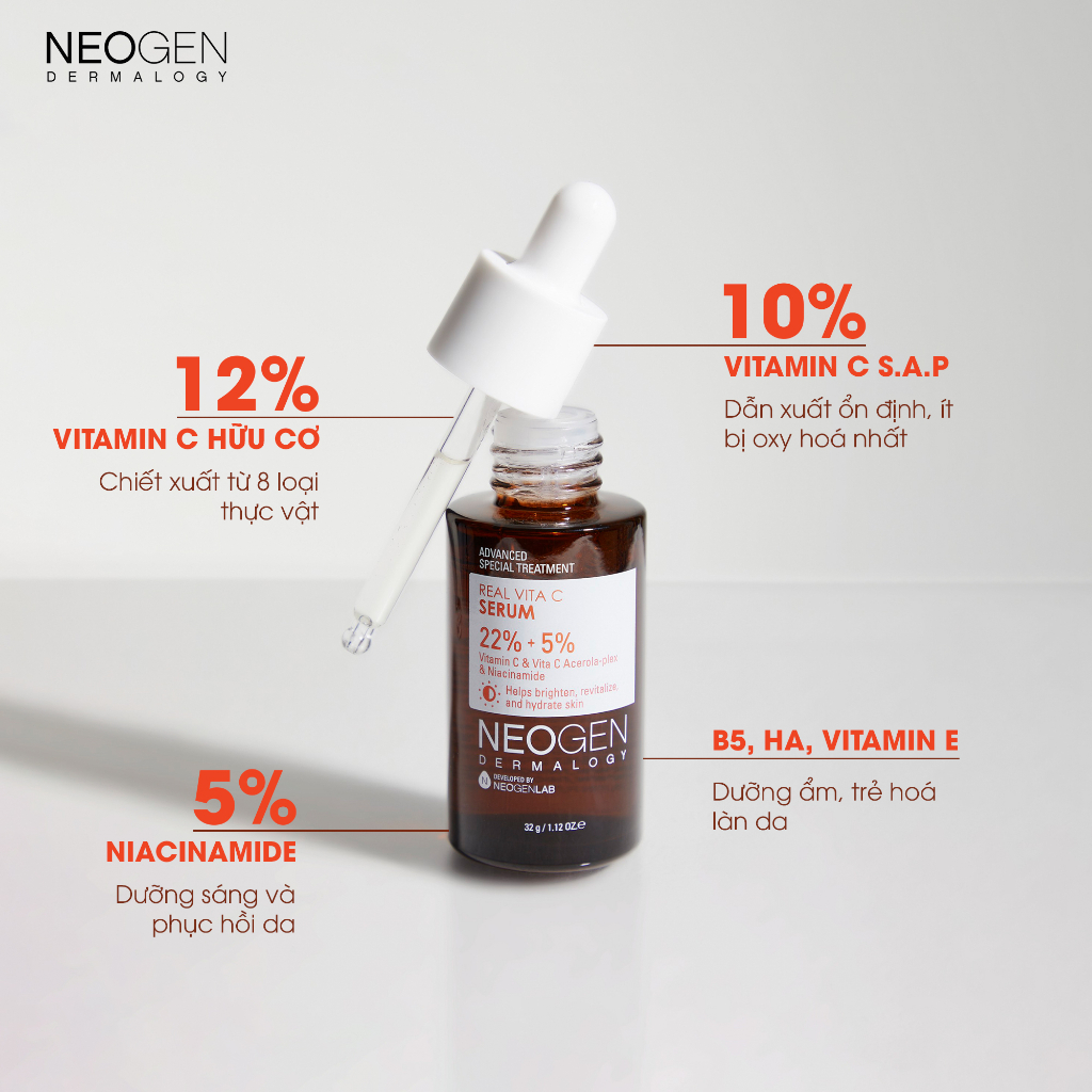 Siêu Tinh Chất Mờ Thâm Dưỡng Trắng Vitamin C SAP 22% Neogen Dermalogy Real Vita C Serum 32ml