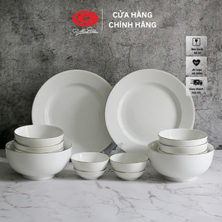 Bộ bát đĩa 14 món viền vàng sứ minh châu - bo14vv