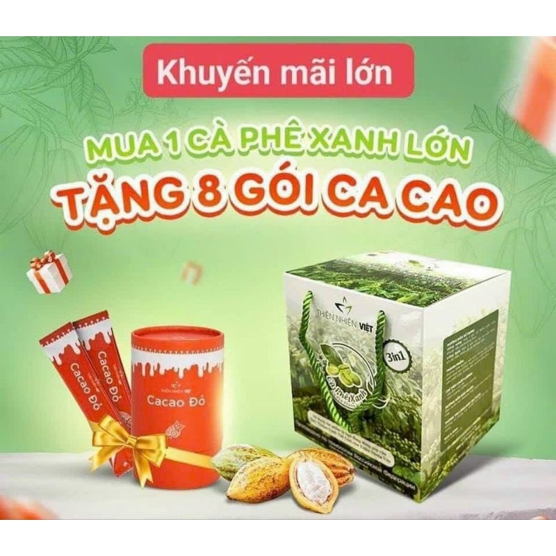 Cafe xanh giảm cân chính hãng 100% hộp 30 gói tặng 8 gói cacao đỏ ạ
