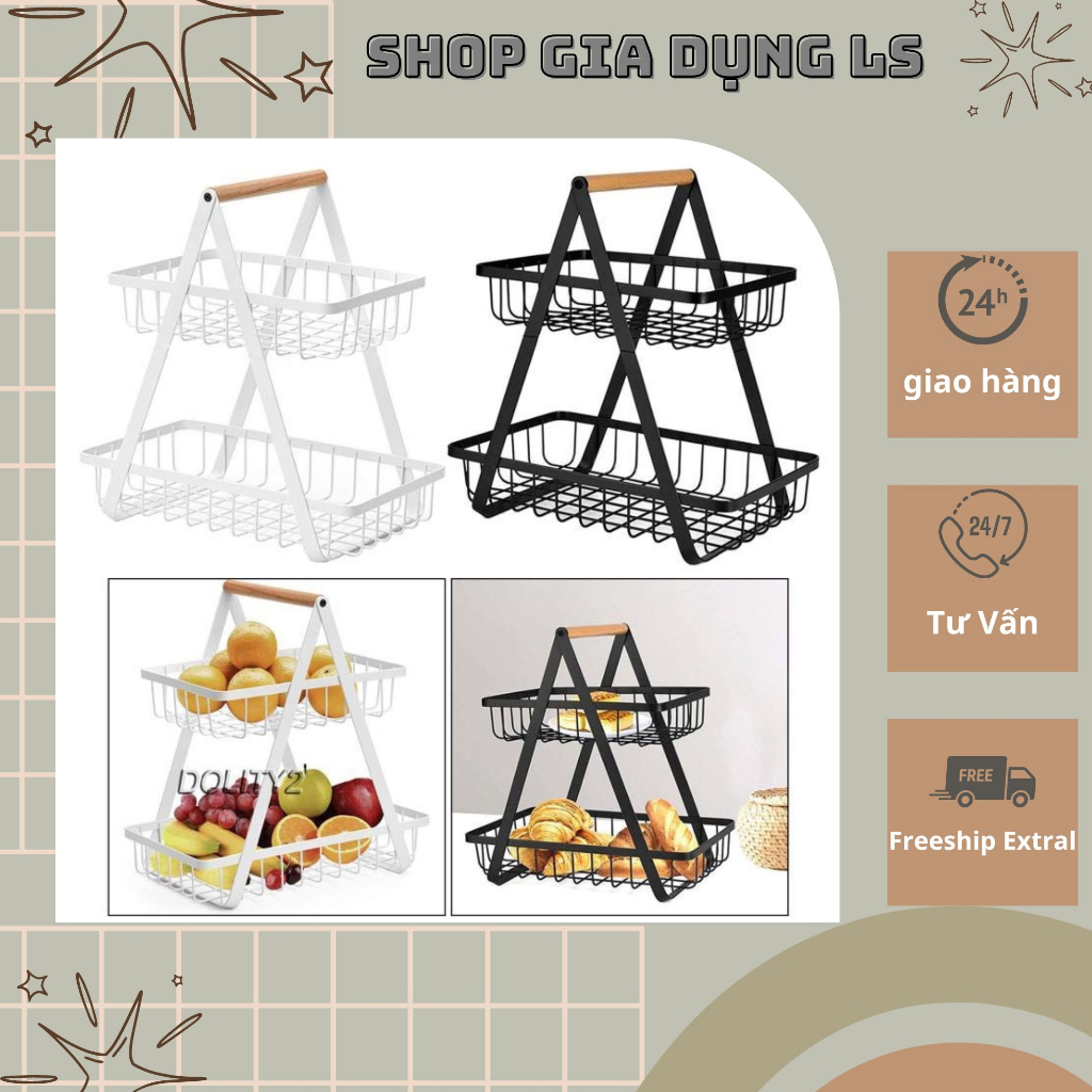 Kệ inox sơn tĩnh điện tay cầm gỗ cao cấp hình giỏ sách 2 ngăn dùng để deco trang trí nhà cửa siêu xinh size 32cm