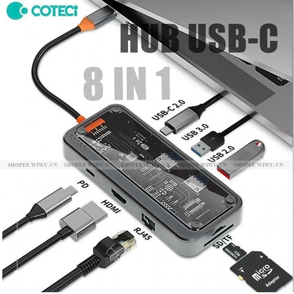 Bộ chuyển đổi HUB USB-C COTECI Punk 8 in 1 ra HDMI 4K , RJ45 , Sạc nhanh 100W cho Laptop , Macbook , IPad