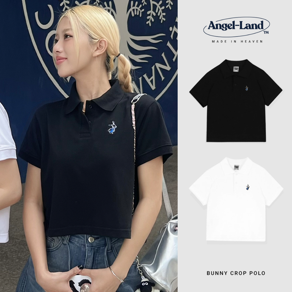 Áo Thun Polo Crop Angel-Land Bunny màu đen BPB