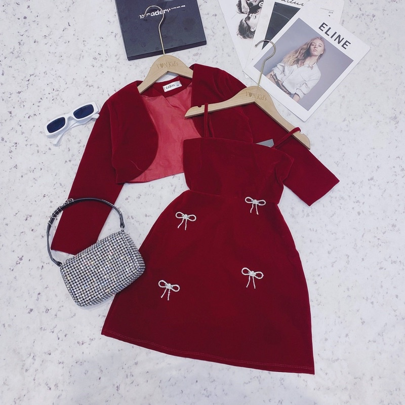 Set váy 2 dây kèm áo khoác croptop nhung đính nơ đá cho bé gái size đại 16-41kg siêu sang chảnh