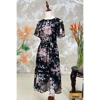 Đầm cánh tiên suông dài đen huyền bí phối hoa sang trọng - Lydia Dress - Helen Boutique