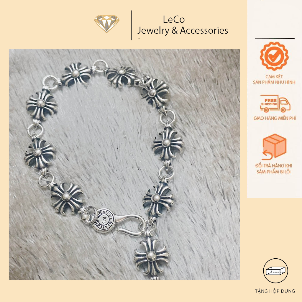 Lắc tay Chrome hearts bạc Vòng tay nam nữ dạng chuỗi họa tiết cross chromeheart, Trang sức bạc 925 Leco