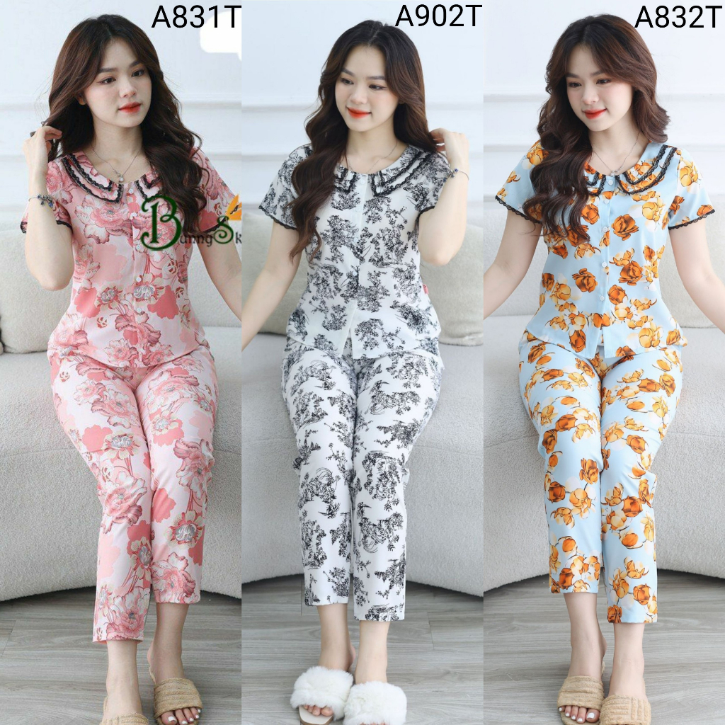 (Bunnysky) Quần áo mặc nhà nữ, đồ bộ thiết kế mẫu cổ kép phối ren, họa tiết hoa to sang chảnh, lên dáng bao đẹp.
