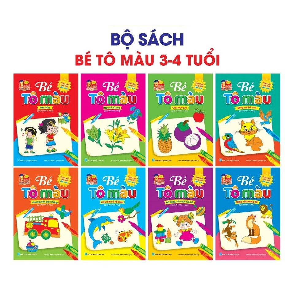 Sách - Bộ 8 Cuốn Tô Màu Cho Bé Từ 3 - 4 Tuổi (Song Ngữ Anh Việt).